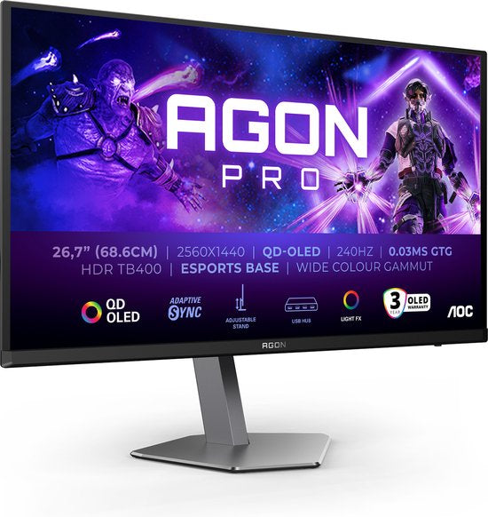 AOC AGON PRO AG276QZD2 - QHD OLED Gaming Monitor - 280Hz - Esports Base - HDMI 2.1 - USB-hub - 27 inch